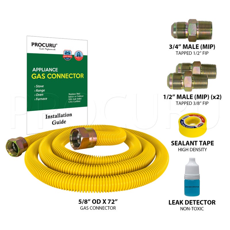 PROCURU 5/8" OD x 72" (6Ft) Universal Flexible Gas Connector Kit, Weatherproof Stainless Steel Pipe, SafeGuard Yellow-Coated, for Stove, Range, Furnace (Green-A1 Series) - Image 2